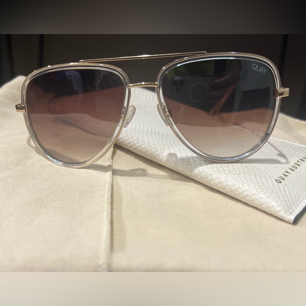 QUAY All In Sunglasses Clear Gold Frame Brown Gradient Lens Aviators